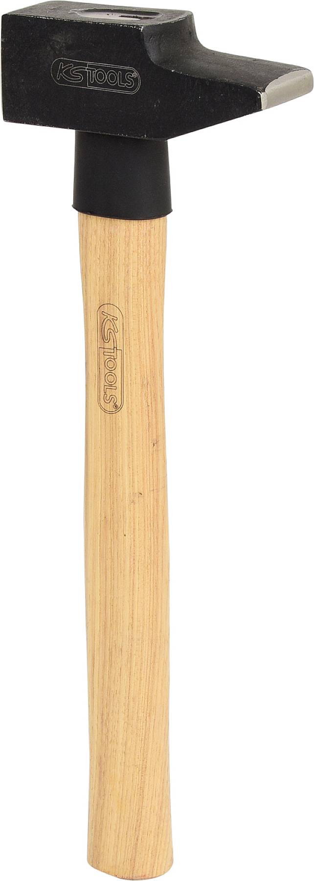 Ein Handwerkzeug, das wie ein Hammer aussieht, mit einem schwarzen Metallkopf und einem hellen Holzgriff.