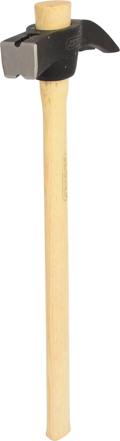 Ein Hammer mit einem hölzernen Griff und einem schwarzen Metallkopf. Der Kopf hat eine flache Schlagfläche und eine Klaue zum Nagelziehen.