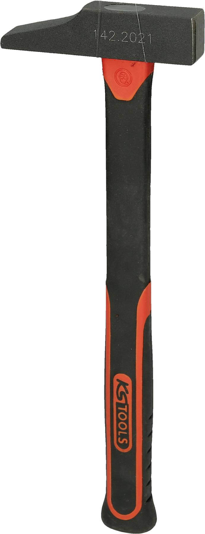 'Rot-schwarzer Hammer mit flachem Kopf und langem Griff.'