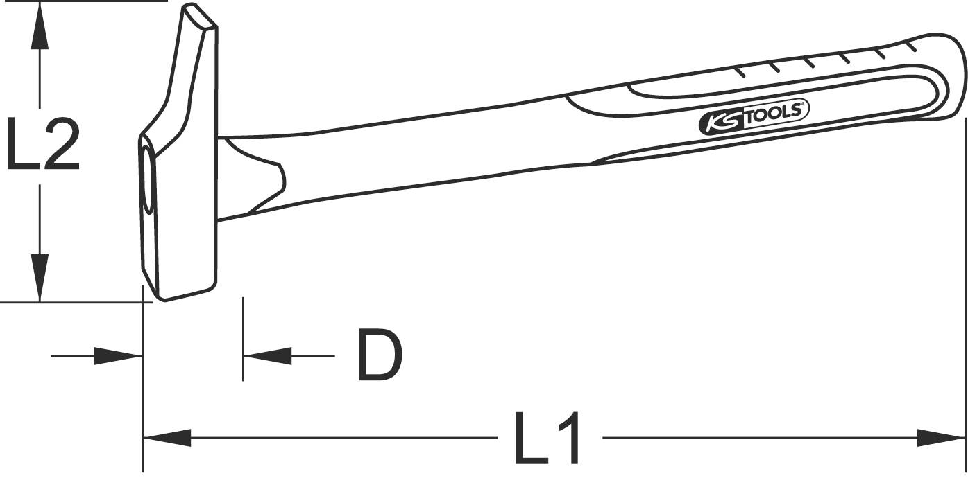 Zeichnung eines Hammers mit einem rechteckigen Kopf. Beschriftet mit 'L1', 'L2' und 'D' zur Angabe der Maße.