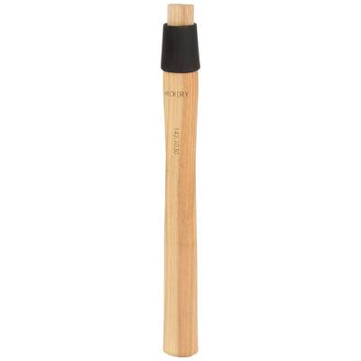 Ein Holzhammergriff aus Hickory mit einem schwarzen Gummikragen oben. Der Griff hat eine geschwungene Form für besseren Halt.