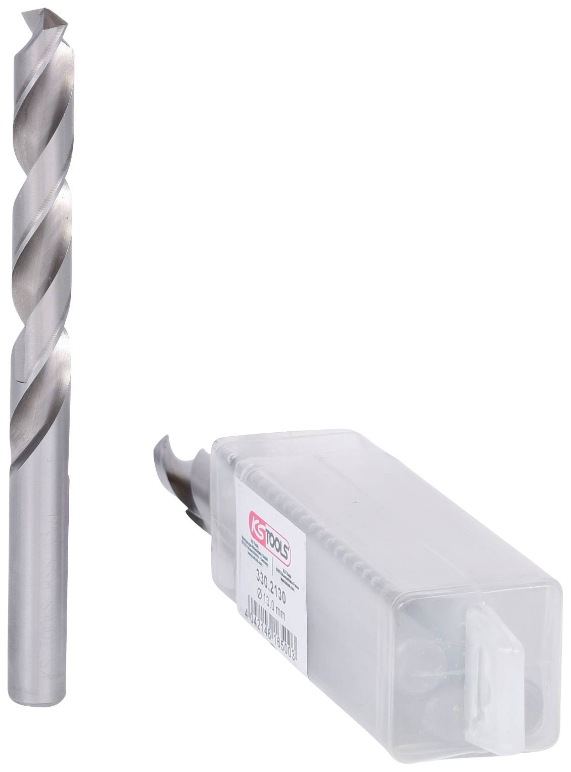 'Metallbohrer mit spiraliger Schneide' neben einer transparenten Kunststoffverpackung.