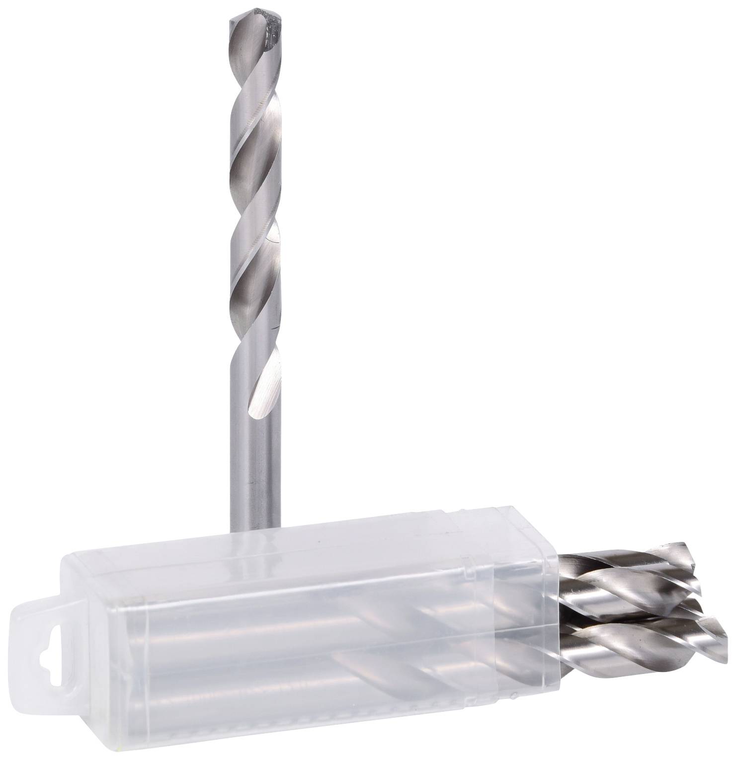 Bohraufsätze in einem transparenten Kunststoffbehälter, ein Aufsatz steht vertikal. Sie sind aus Metall und für Bohrmaschinen geeignet.