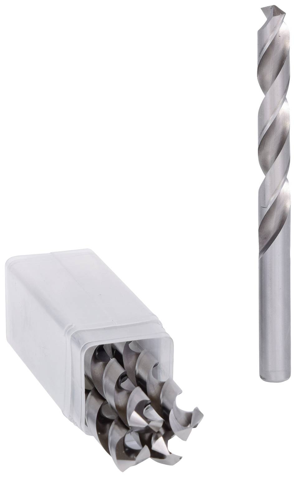 Ein Bohrer-Set in einer offenen Box, bestehend aus mehreren Metallbohrern, steht neben einem einzelnen, aufrecht stehenden Bohrer.