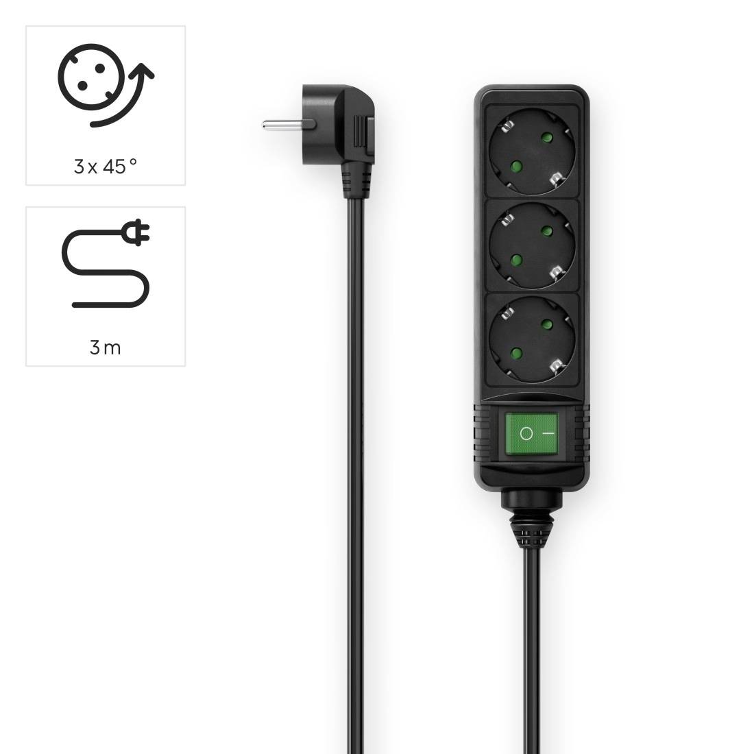 'Steckdosenleiste mit drei Steckplätzen, 3m Kabel und Schalter. Geeignet für Stecker mit drei 45°-Drehungen.'