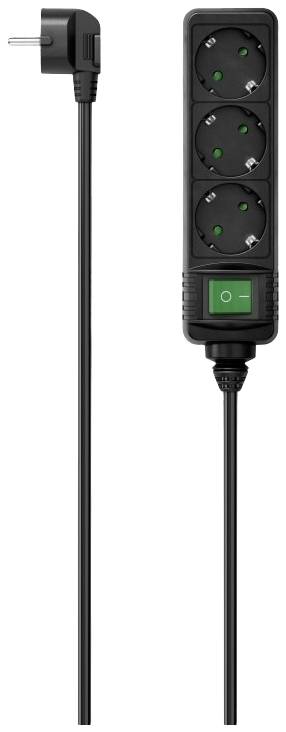 Schwarze Steckdosenleiste mit drei Schuko-Steckplätzen und grünem Ein-/Ausschalter; geeignet für europäische Stecker.