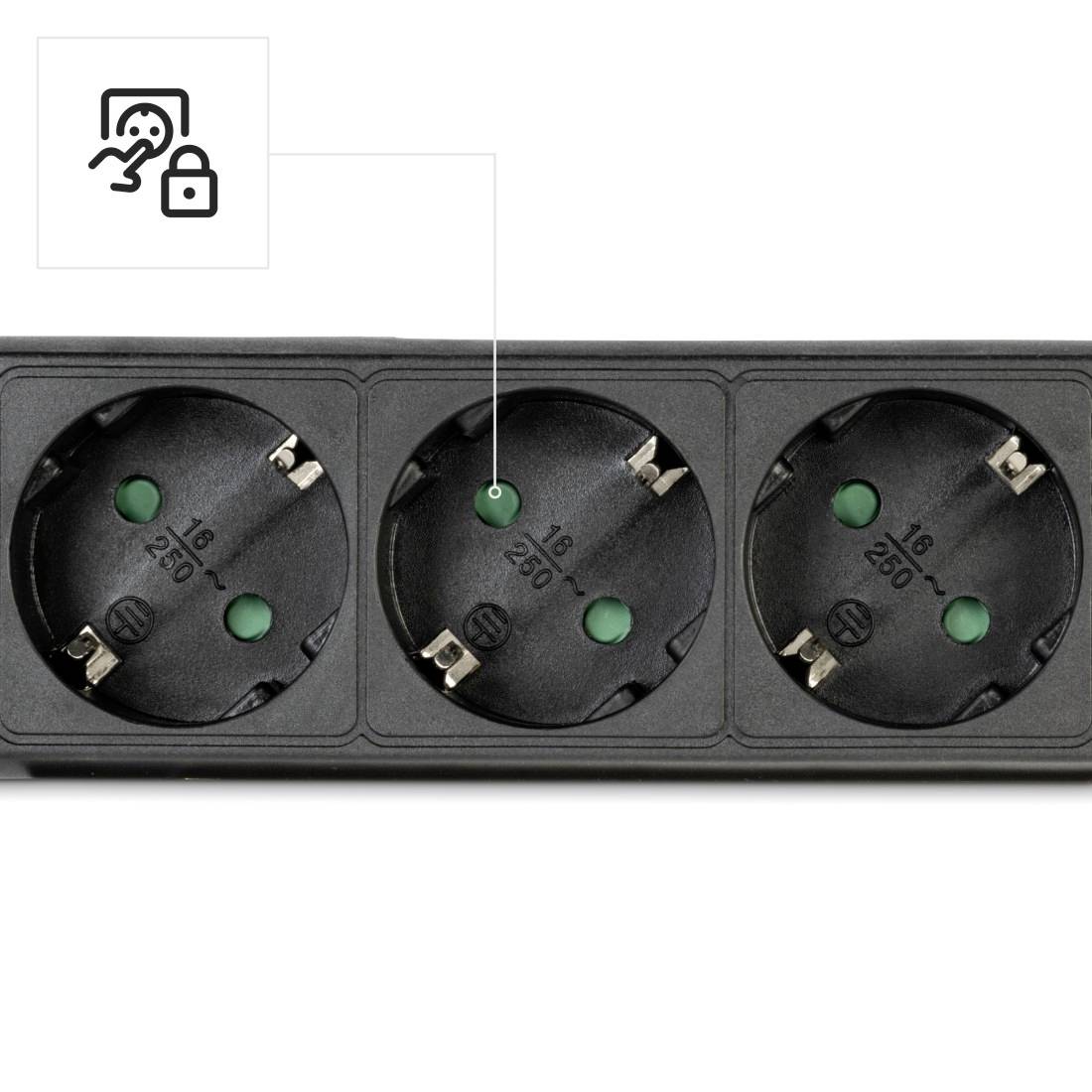 'Drei schwarze Steckdosen mit grünen inneren Punkten. Links oben ist ein Symbol für Kindersicherung mit Schloss.'