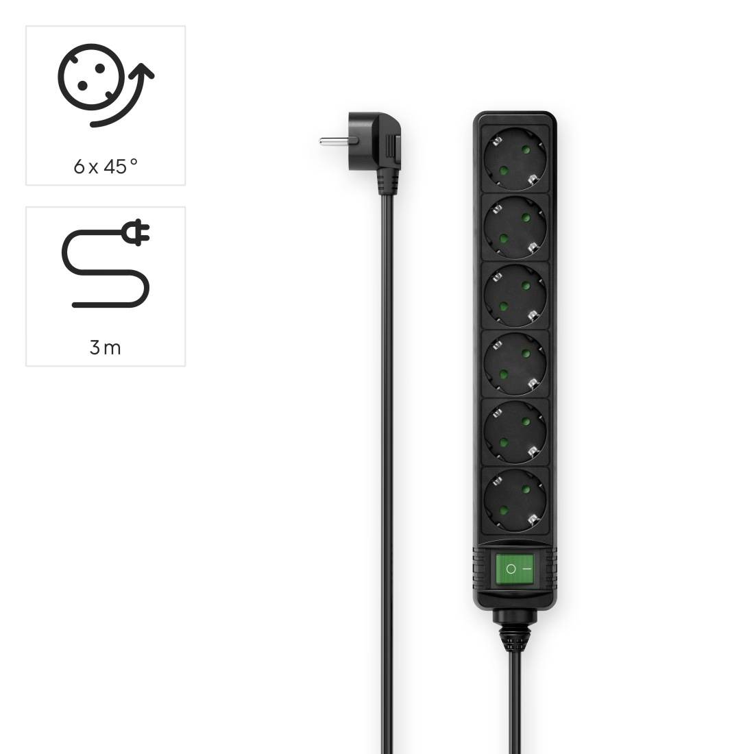 'Steckdosenleiste mit sechs Steckplätzen und 3 m Kabel, um 45° gedreht. Enthält Kippschalter und ist für EU-Stecker geeignet.'