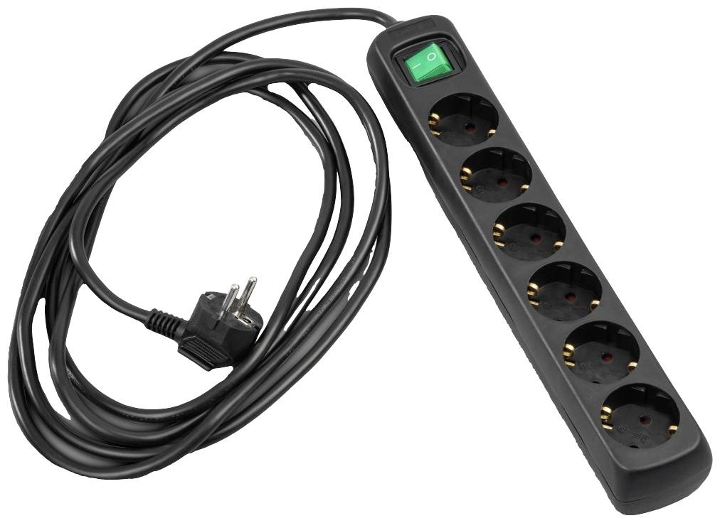 Sechser-Steckdosenleiste mit langem Kabel und grünem Ein/Aus-Schalter, geeignet zum gleichzeitigen Anschließen mehrerer Geräte.