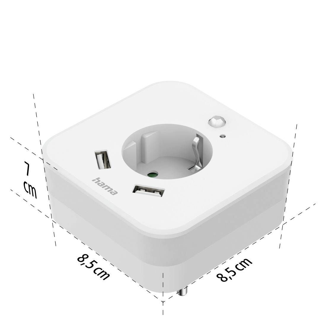 Weißer Steckdosenadapter mit LED-Licht und zwei USB-Anschlüssen, Maße 8,5 cm x 8,5 cm x 7 cm.
