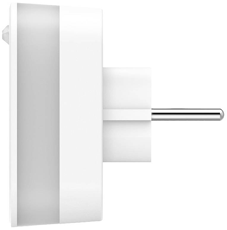 Ein weißer Steckdosenadapter in Seitenansicht mit einem europäischen Stecker.