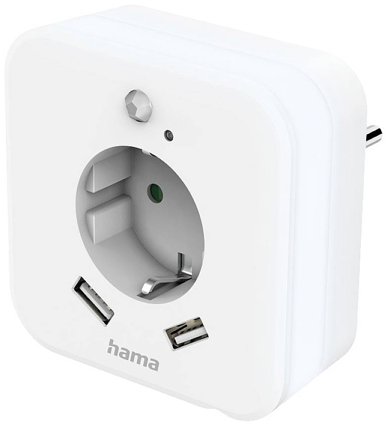 Eine weiße smarte Steckdose mit einem USB-Anschluss und einem Steckplatz für zwei-polige Stecker.