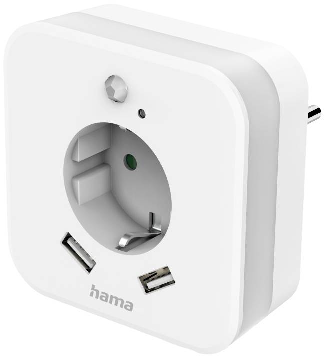 Weiße Hama-Steckdose mit Schuko-Design und USB-Anschlüssen. Vorderansicht zeigt das Markenlogo.