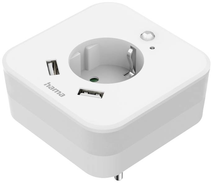 Ein weißer Steckdosenadapter mit zwei USB-Anschlüssen und einer Standardsteckdose. Geeignet zum gleichzeitigen Laden mehrerer Geräte.