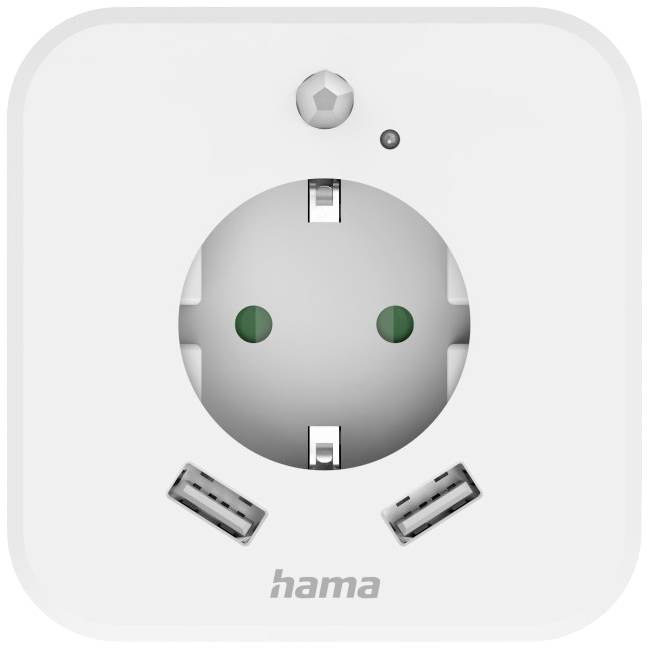 Weiße Smart-Steckdose von Hama mit zwei USB-Anschlüssen und kleinem LED-Statuslicht, geeignet für die Steuerung von Geräten.