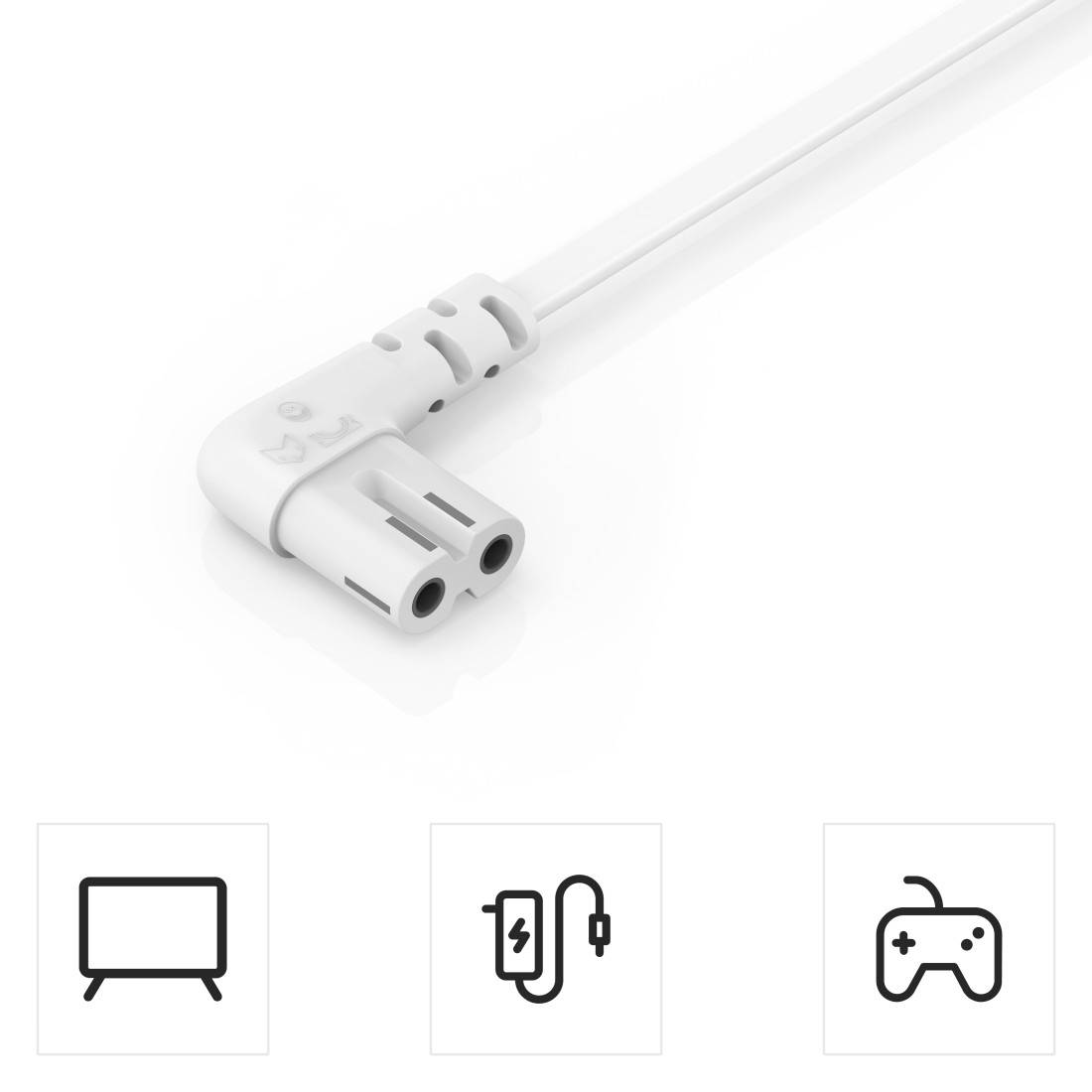 Ein weißes Netzkabel mit einem Winkelstecker. Darunter Symbole: Bildschirm, Stromkabel und Spielecontroller, die Einsatzmöglichkeiten darstellen.