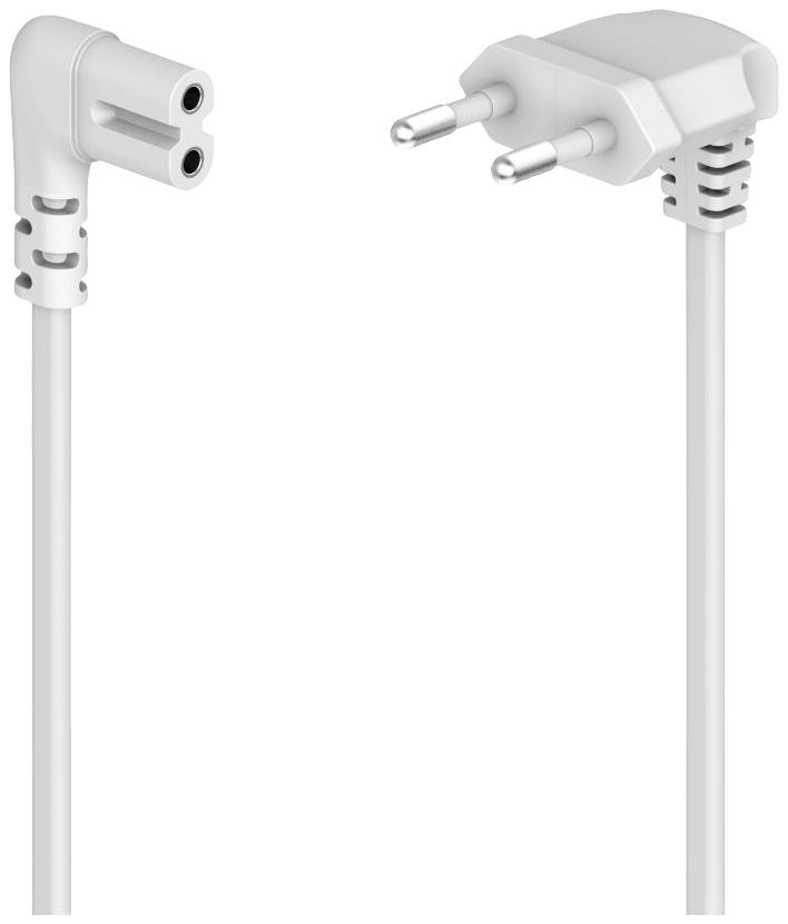 Ein weißes Netzkabel mit einem rechtwinkligen Netzstecker und einem Eurostecker. Geeignet für elektronische Geräte in Europa.