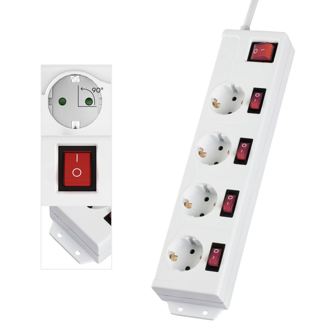 Mehrfachsteckdose mit drei Steckplätzen und roten Schaltern, erweiterter Fokus auf einen Ein-/Ausschalter und eine einzelne Steckdose.