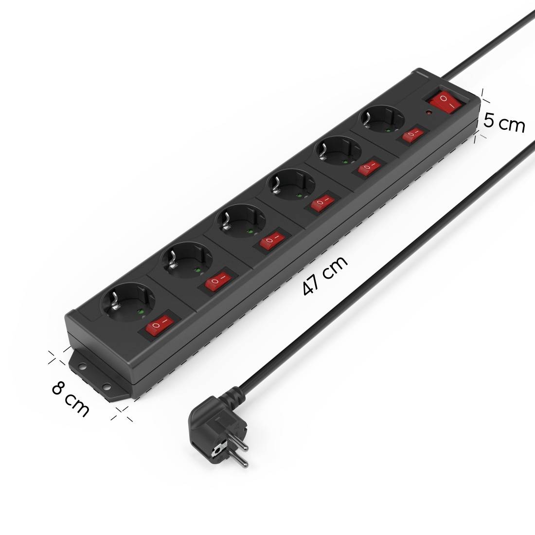'Schwarze Steckdosenleiste mit sechs Steckplätzen und Kippschaltern, 47 cm lang. Kabel mit Stecker, 5 cm breit und 8 cm tief.'