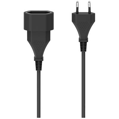 Ein schwarzer Netzstecker mit Europastecker in der Nähe eines schwarzen Zwischensteckers.