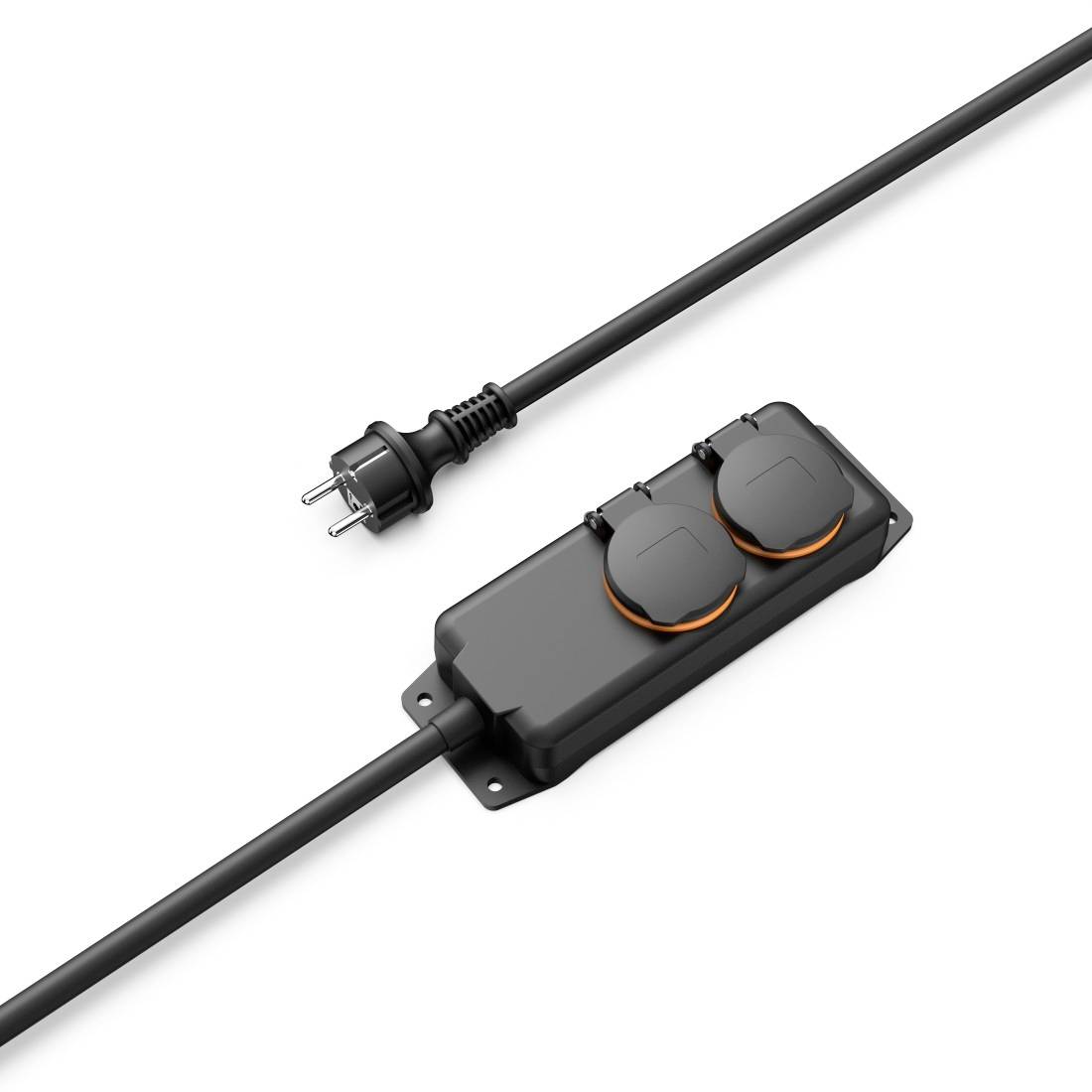 Schwarzes Verlängerungskabel mit zwei Steckplätzen an einem rechteckigen Gehäuse und einem Netzstecker, geeignet für den Innenbereich.