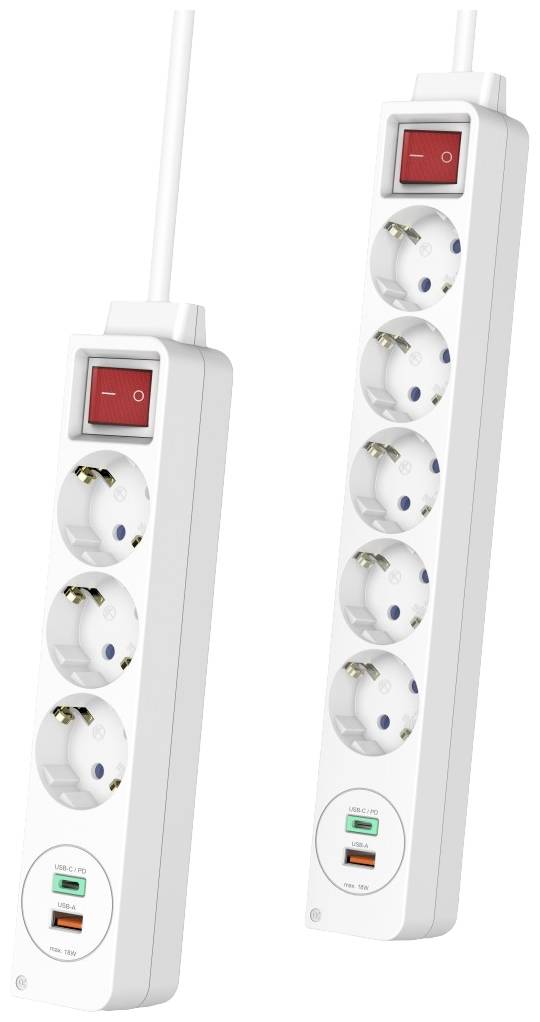 Mehrfachsteckdose mit sechs Steckplätzen, USB-Anschlüssen, und Ein/Aus-Schalter. Weißes Design mit Kabel.