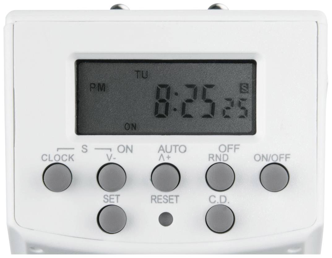 Digitaler Timer mit Uhrzeitanzeige '8:25:25', Tasten für Uhr, Voreinstellung, Automatik, Zufall, An/Aus, Setzen, Reset, Countdown.