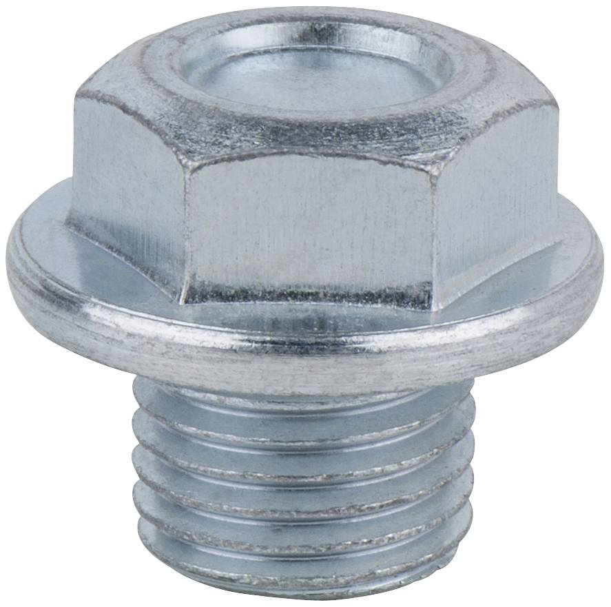 Ein einzelner, verzinkter Sechskant-Flanschschraubenkopf mit Außengewinde, üblich für Befestigungen in Metall- und Kfz-Anwendungen.