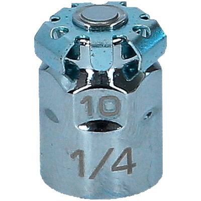 Ein verchromter Steckschlüsseleinsatz mit der Gravur '10' und '1/4', der auf die Größe des Einsatzes hinweist.