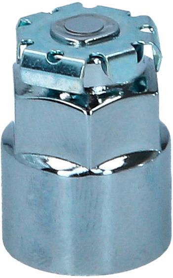 Ein silberfarbener Schraubschutzdeckel mit sechseckiger Form und geriffeltem Rand. Geeignet zum Schutz von Schrauben in mechanischen Anwendungen.