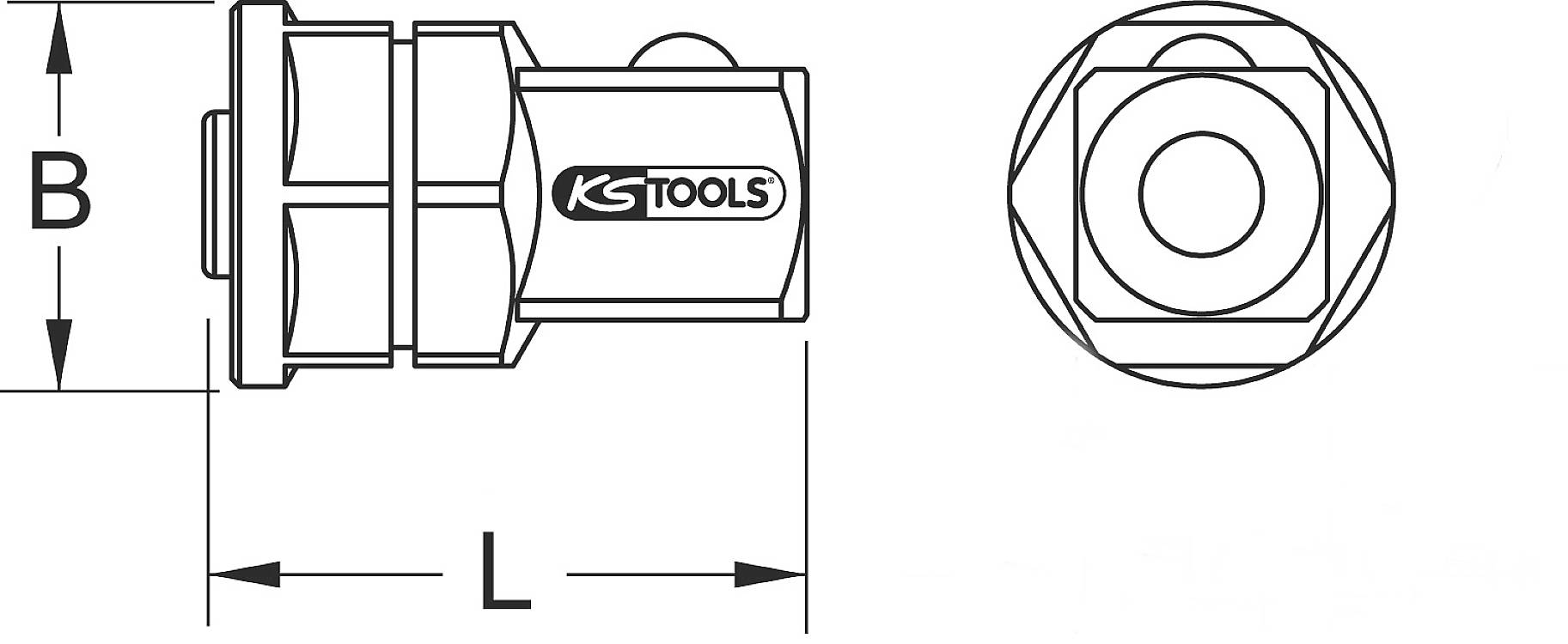 Technische Zeichnung eines Werkzeugadapters mit den Maßen B und L. 'KS TOOLS' ist auf dem Adapter zu sehen.