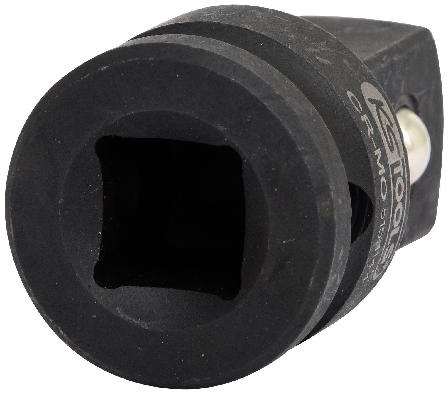 Ein schwarzer Steckschlüsseladapter aus CrMo-Stahl, mit einer quadratischen Öffnung zur Befestigung von Werkzeugaufsätzen.