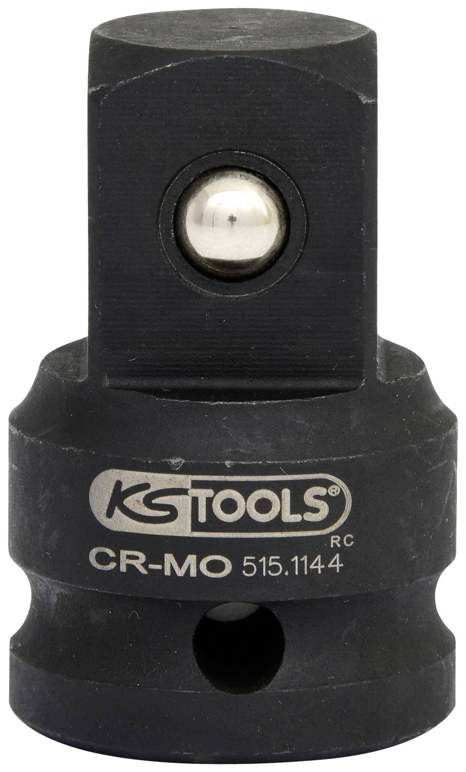 Ein schwarzer Adapter von KS Tools aus CR-MO-Stahl, Modellnummer 515.1144, mit einem runden Knopf an der Oberseite.