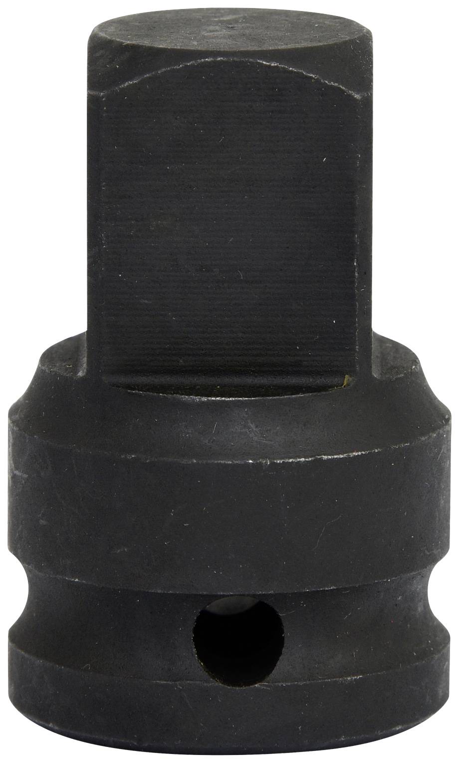 Metallischer Steckschlüsseladapter, schwarz, zylindrische Form mit sechseckigem Ende, verwendet für das Anbringen von Stecknüssen.