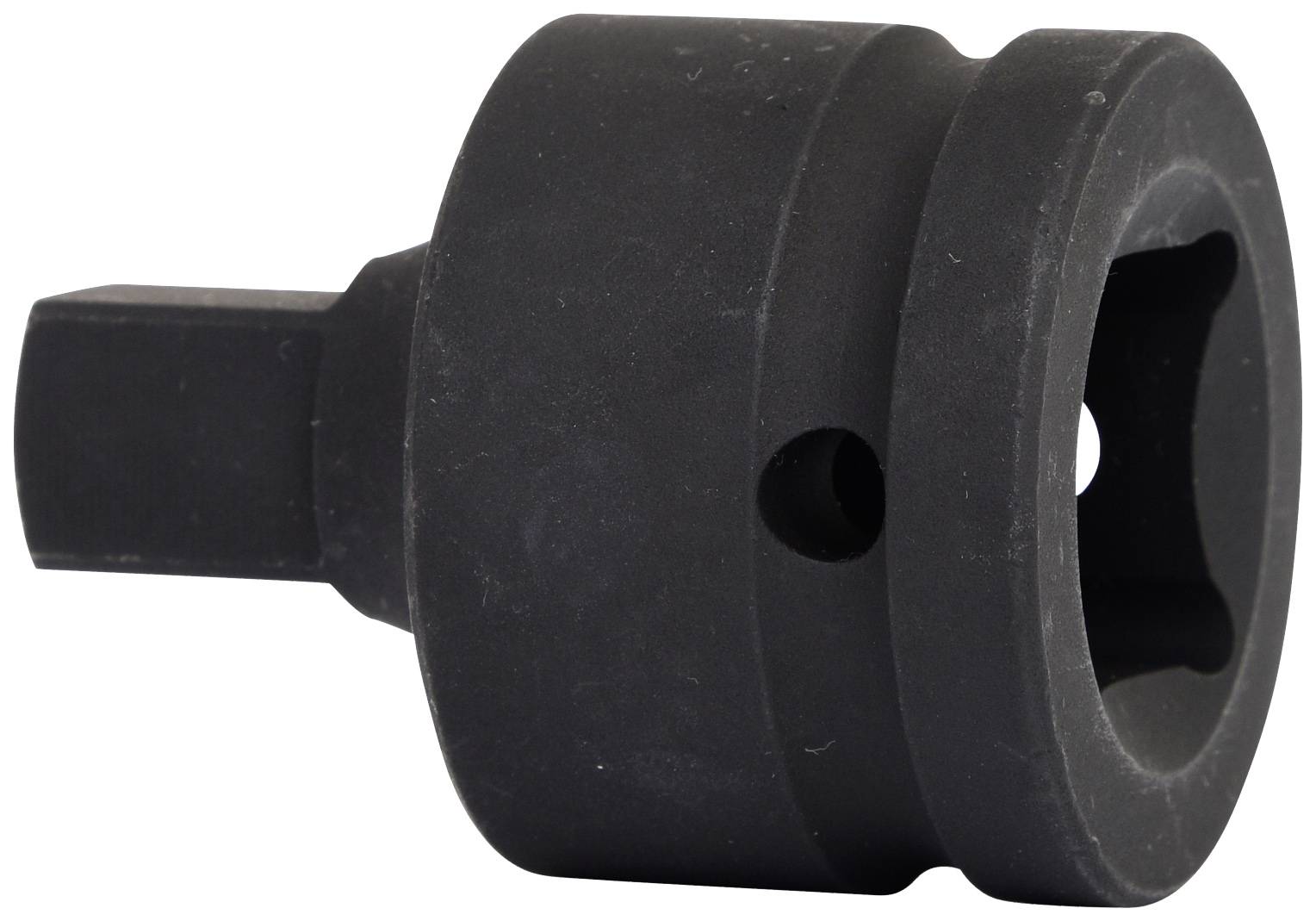 Eine schwarze Stecknuss mit einem quadratischen Ende, geeignet für schwere Schraubarbeiten.