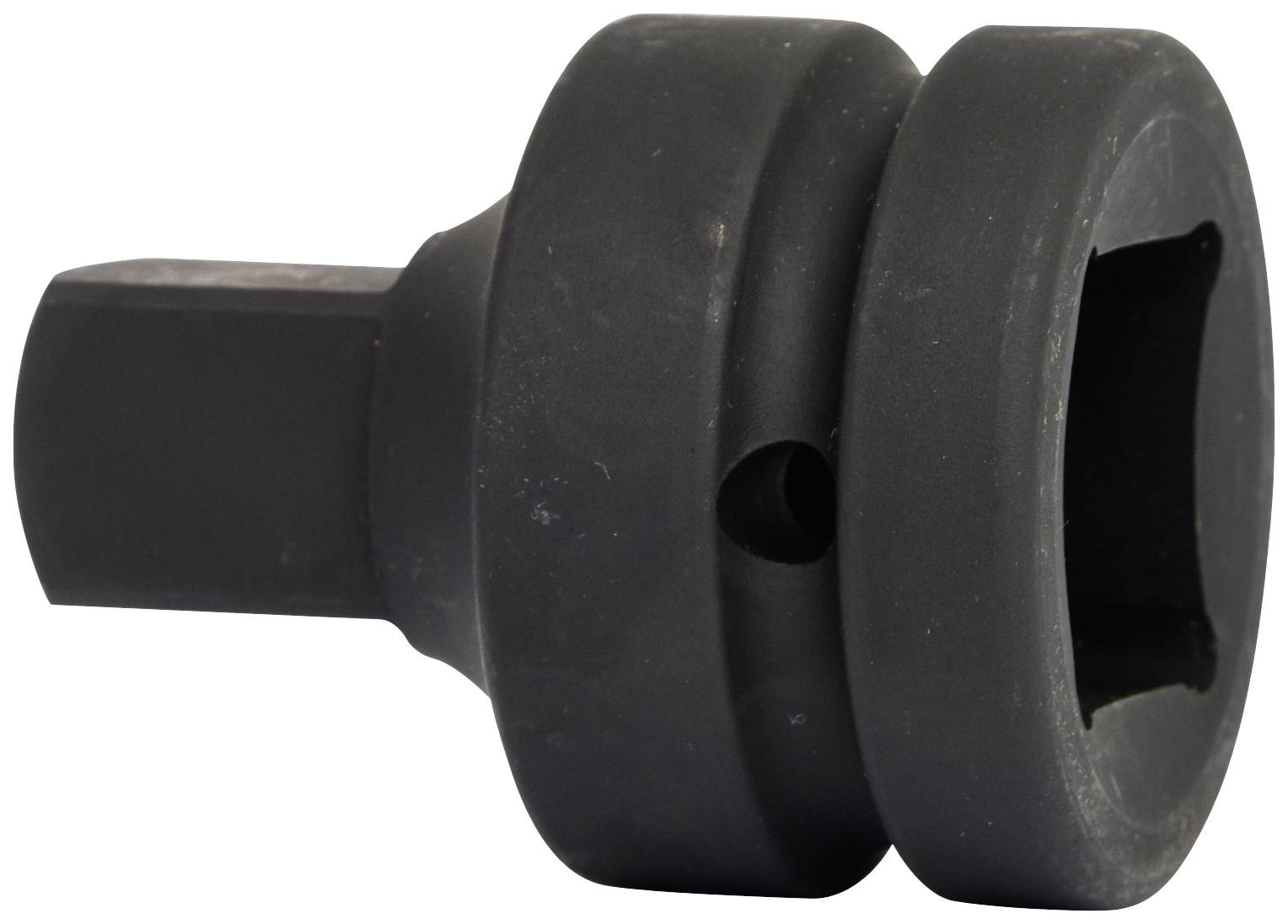 Ein schwarzer Stecknuss-Adapter, zylindrisch mit einem sechskantigen Ende für den Einsatz mit einem Schraubenschlüssel oder Ratsche.