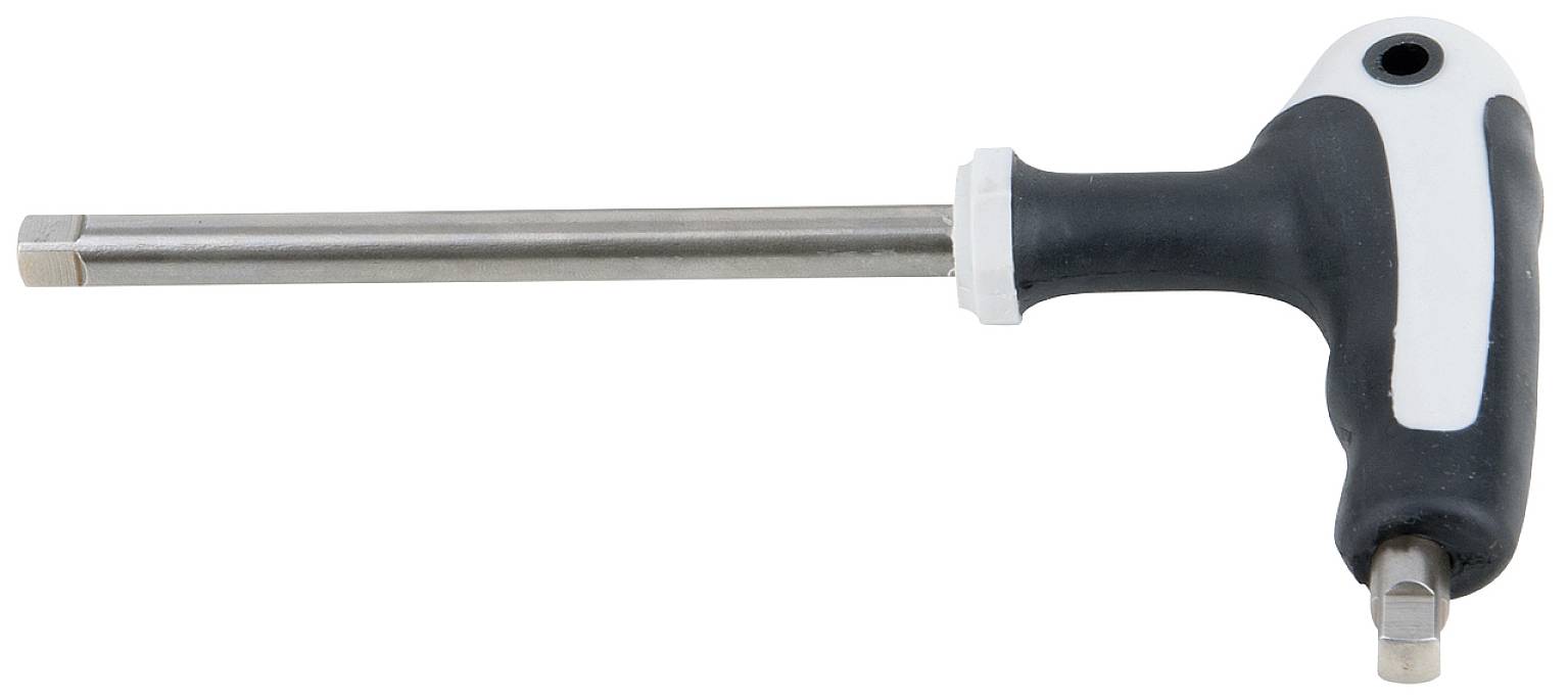 Ein T-Griff-Schraubenschlüssel mit schwarzem Griff und silbernem Kopf, verwendet zum Anziehen oder Lösen von Schrauben oder Muttern.