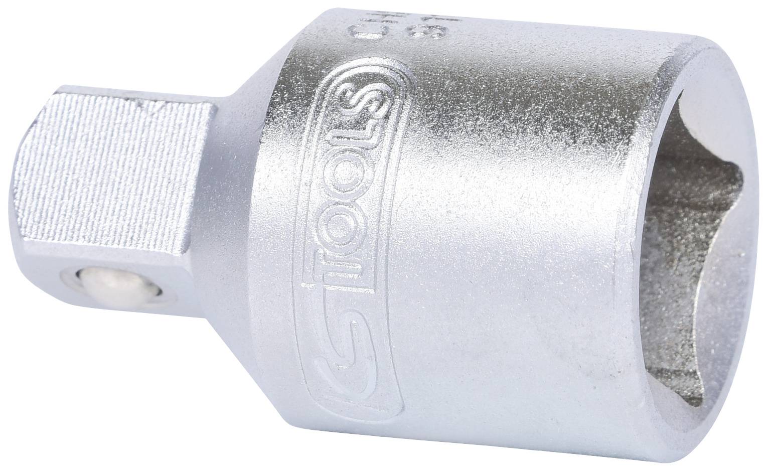 Metall-Steckaufsatz für Schraubschlüssel oder Ratschen, zylindrisch, silberfarben mit quadratischer Aufnahme und geriffeltem Ende.