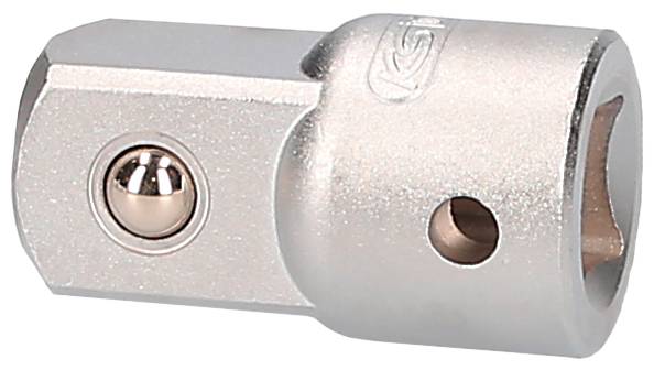 Ein silberner Adapter für Handwerkzeuge mit sechseckiger Form und einem runden Stiftschloss an der Seite, verwendet zur Verbindung.