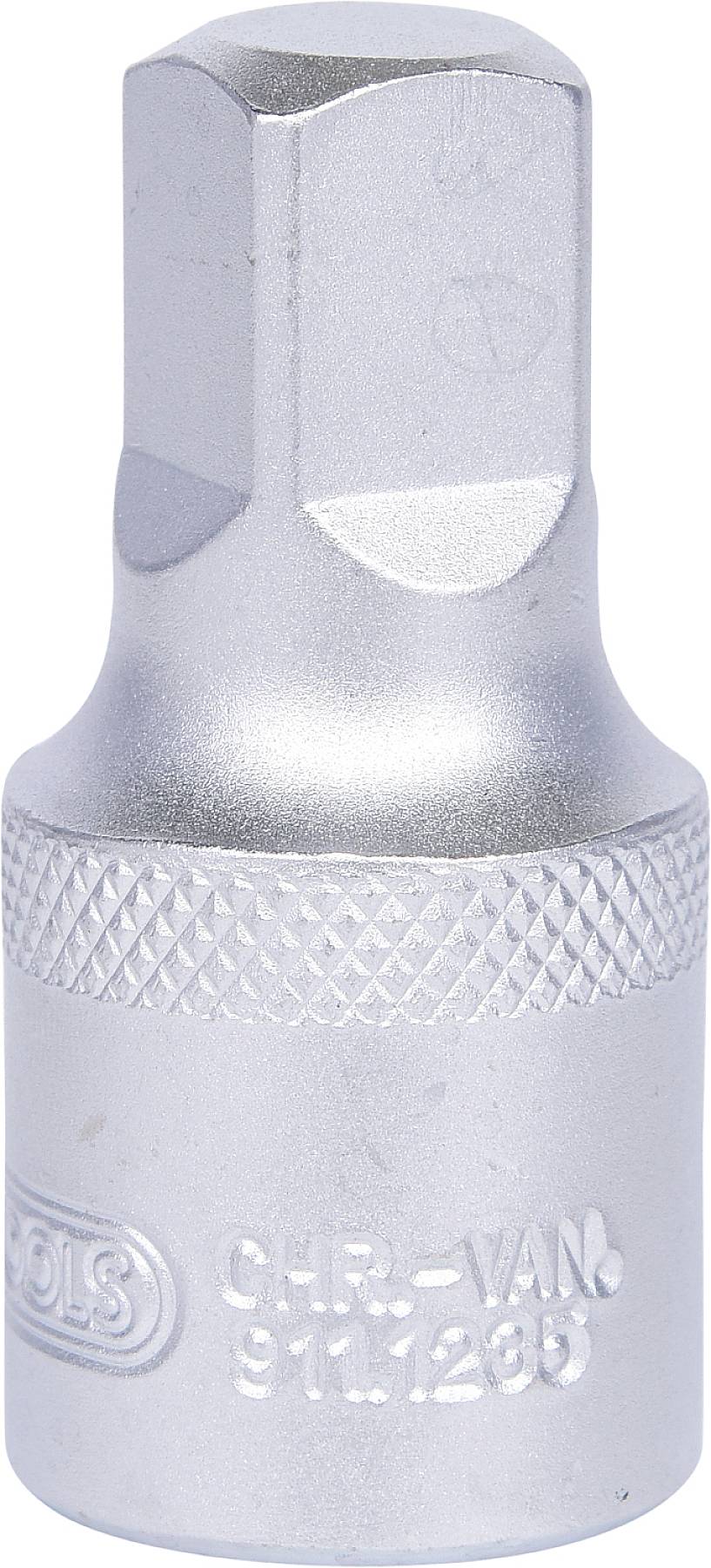 'Silberne Sechskant-Bitaufnahme, zylindrische Form mit gerändeltem Griff, Material: Chrom-Vanadium.'