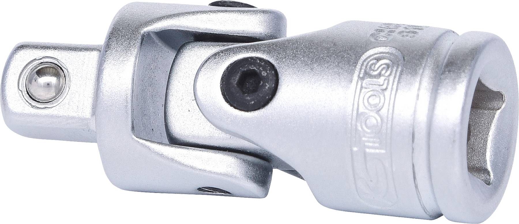 Ein silbernes Gelenkstück für ein Steckschlüssel-Set, das flexible Verbindungen ermöglicht. Hauptsächlich aus Metall gefertigt.