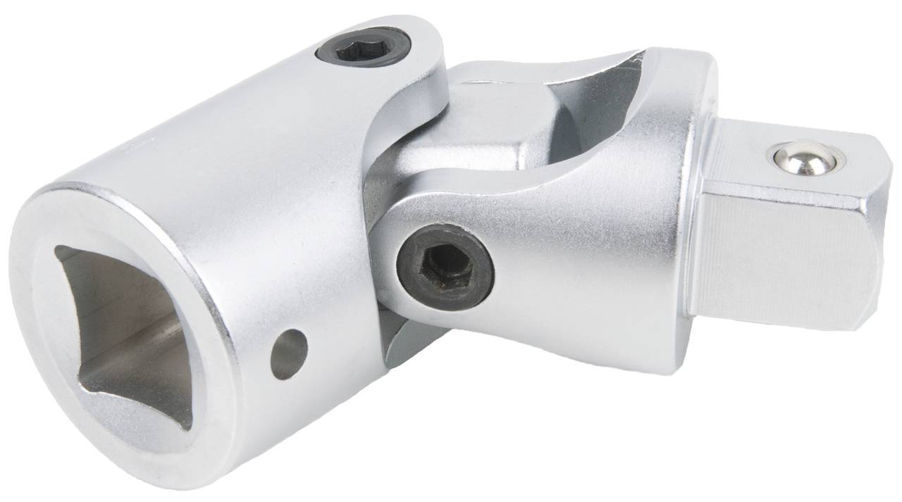 Ein silbernes Universalgelenk aus Metall mit Schraubverschluss, verwendet zur flexiblen Verbindung in Werkzeugen.