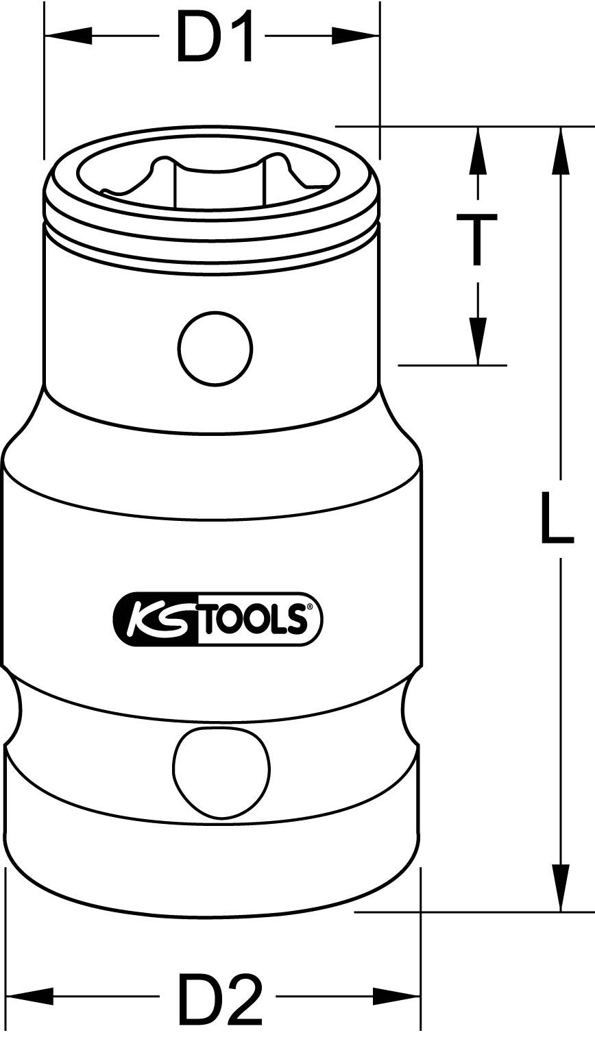 'Diagramm einer Stecknuss mit den Maßen D1, D2, L und T für technische Anwendungen. Abbildung zeigt Markenlogo von KS Tools.'