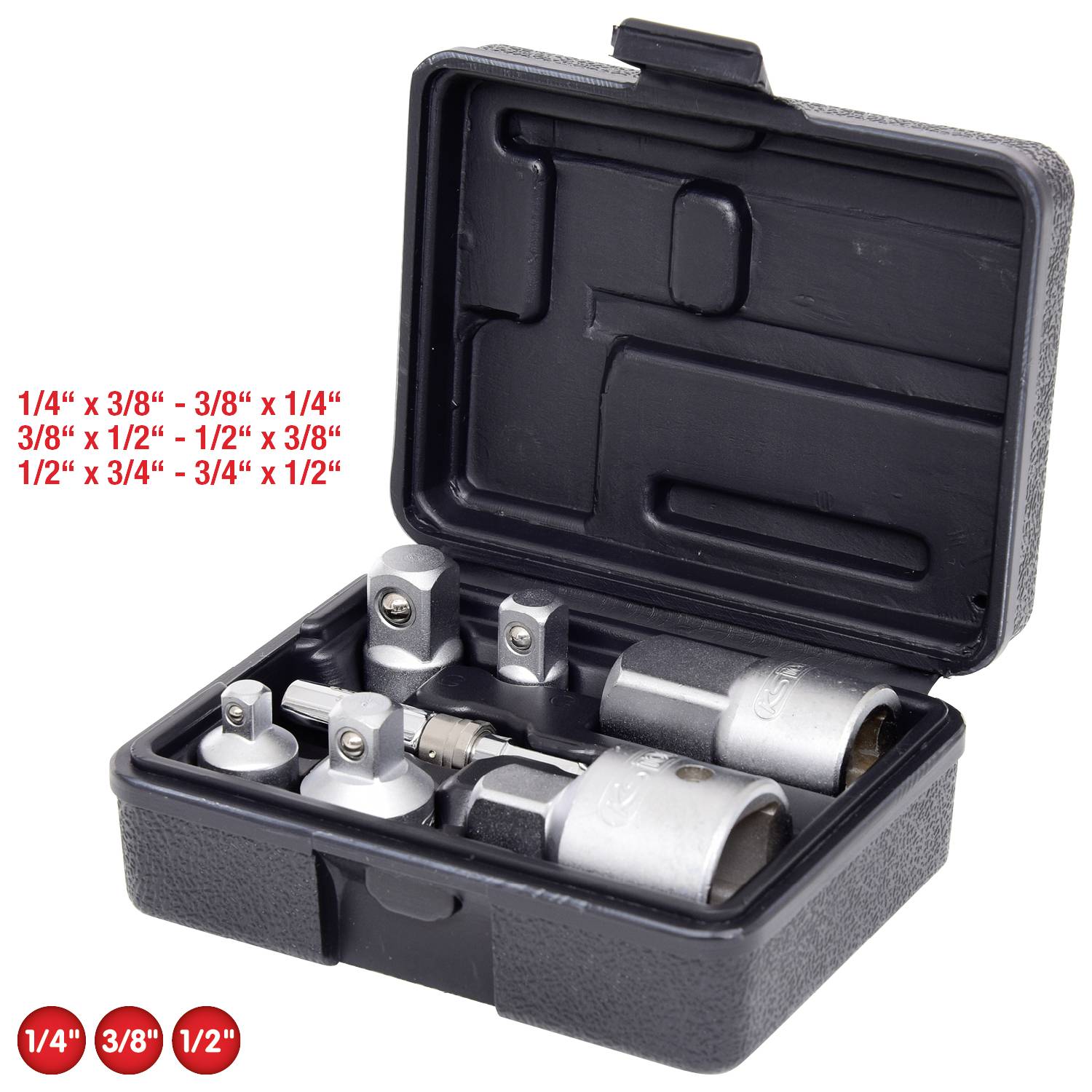 Ein Handwerkzeugkoffer mit Stecknüssen in verschiedenen Größen: '1/4", 3/8", 1/2"'. Ideal für Schraubarbeiten.