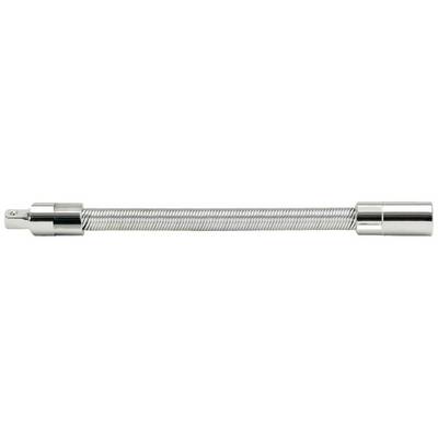 Metallischer, flexibler Schlauchadapter mit glänzendem Finish, gezeigt in horizontaler Ausrichtung.