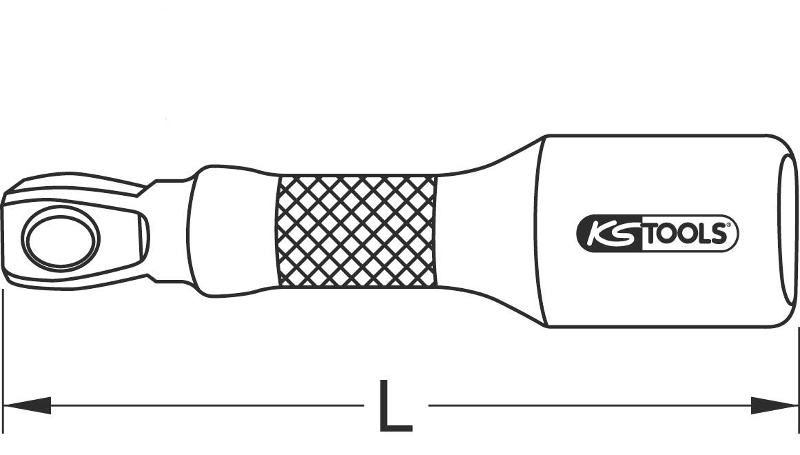 Ein kurzer Steckgriff mit einem gerändelten Griff für besseren Halt und einem Logo 'KS Tools' auf dem Griff. Pfeil zeigt Länge an.