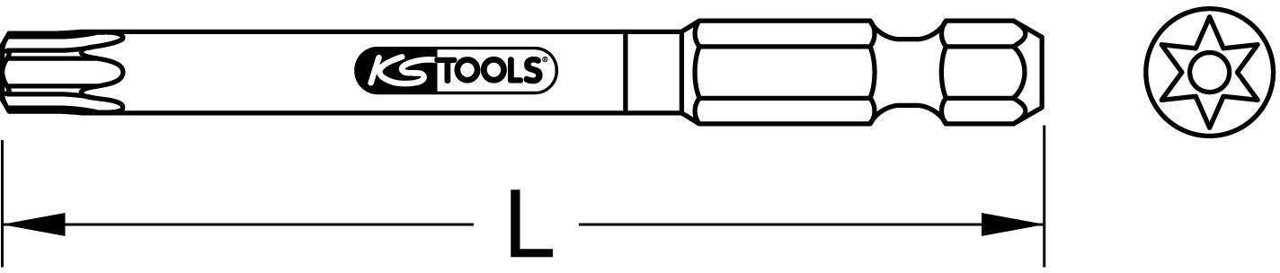 Abbildung eines Werkzeugs von KS Tools. Links eine Torx-Klinge, das Werkzeug hat eine bestimmte Länge 'L', rechts ein Torx-Profil.