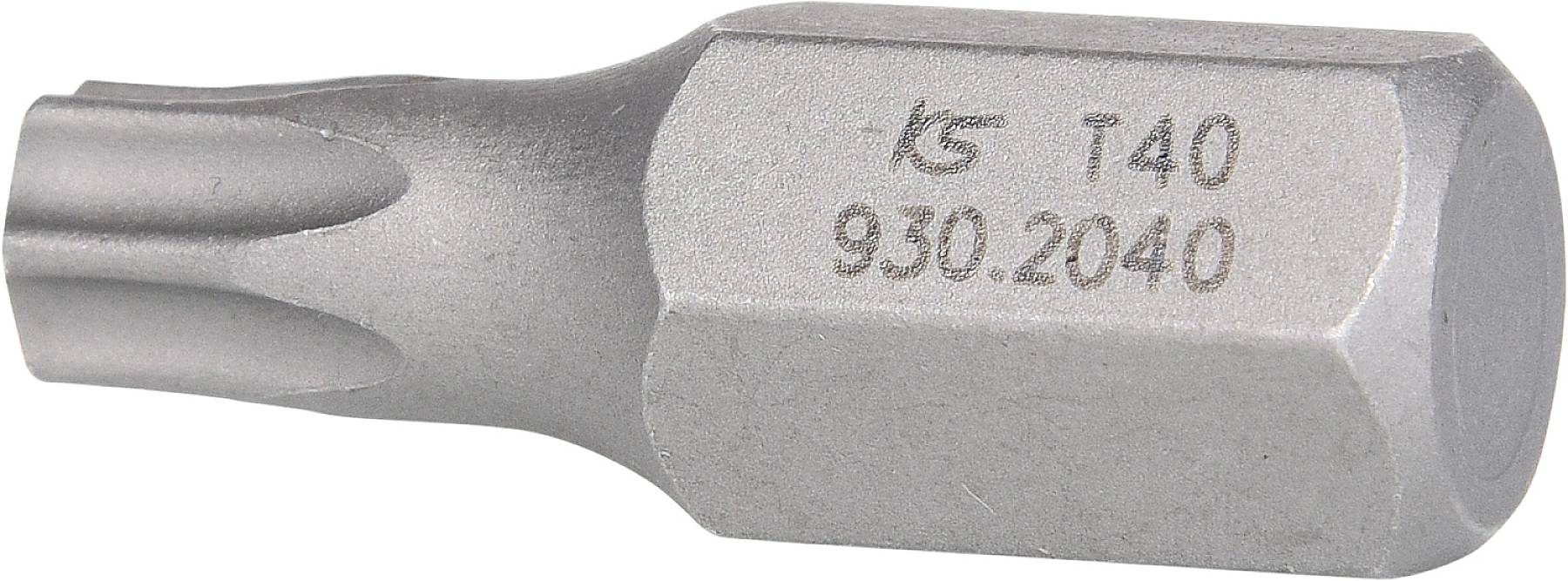 Ein silberner Torx-Schraubendreher-Bit mit der Kennzeichnung 'KS T40 930.2040'. Es dient zum Anziehen oder Lösen von Torx-Schrauben.