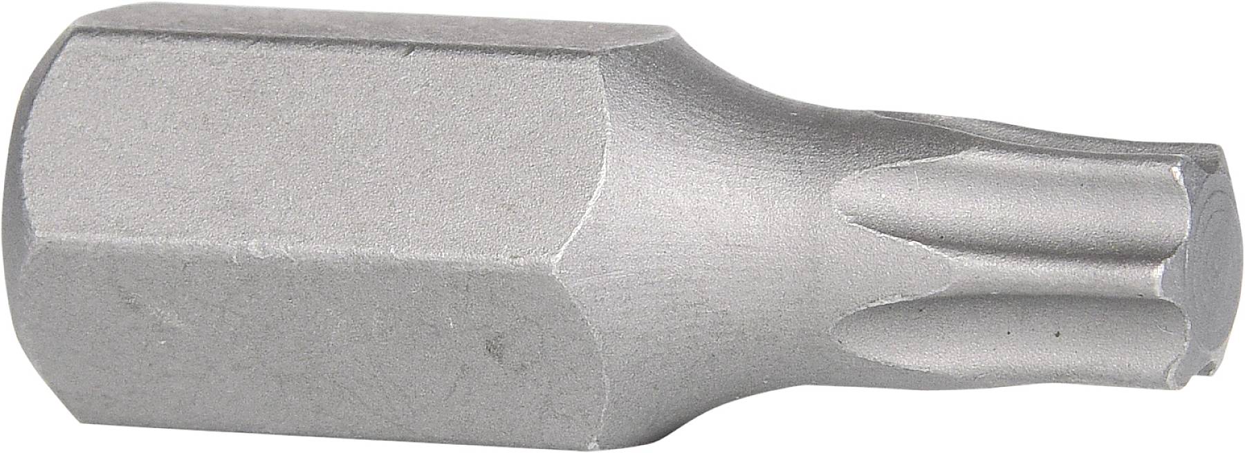 Silberner Torx-Bit aus Metall, hexagonale Basis, spitz zulaufende Oberseite, für Schraubendreher geeignet.