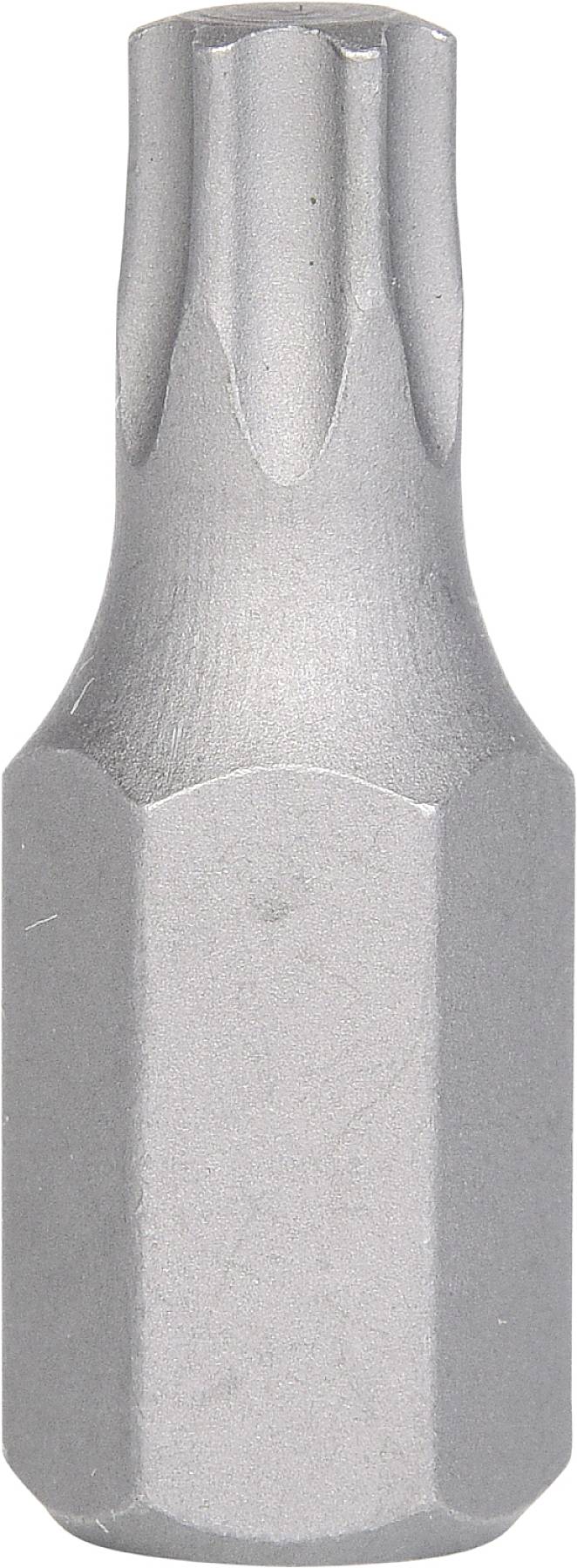 Ein silbernes Werkzeug-Bit mit einem Torx-Profil, geeignet zum Schrauben von Torx-Schrauben, vor weißem Hintergrund.